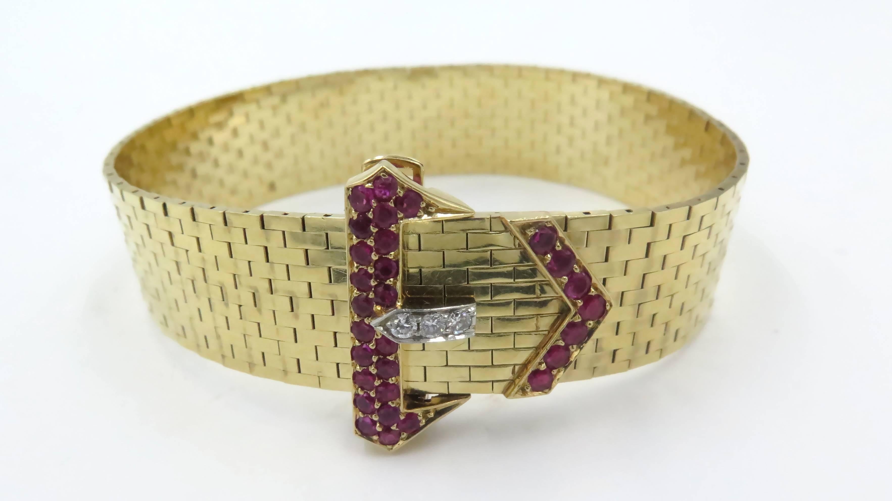 1940s Tiffany & Co. Ruby Diamond Gold Buckle Bracelet In Excellent Condition In New York, NY