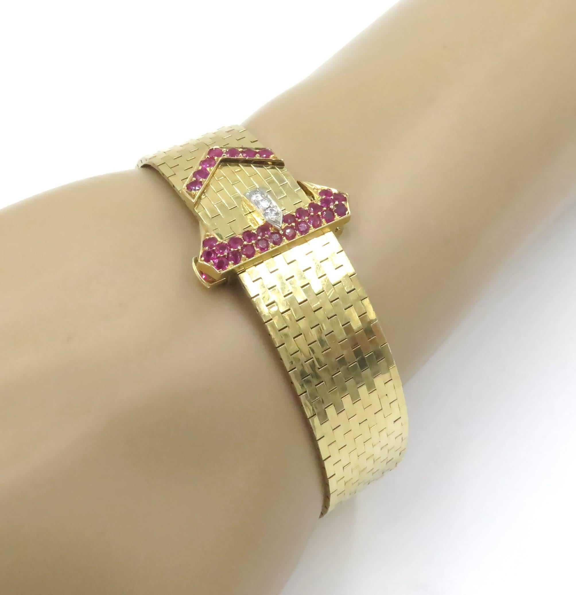 Women's or Men's 1940s Tiffany & Co. Ruby Diamond Gold Buckle Bracelet
