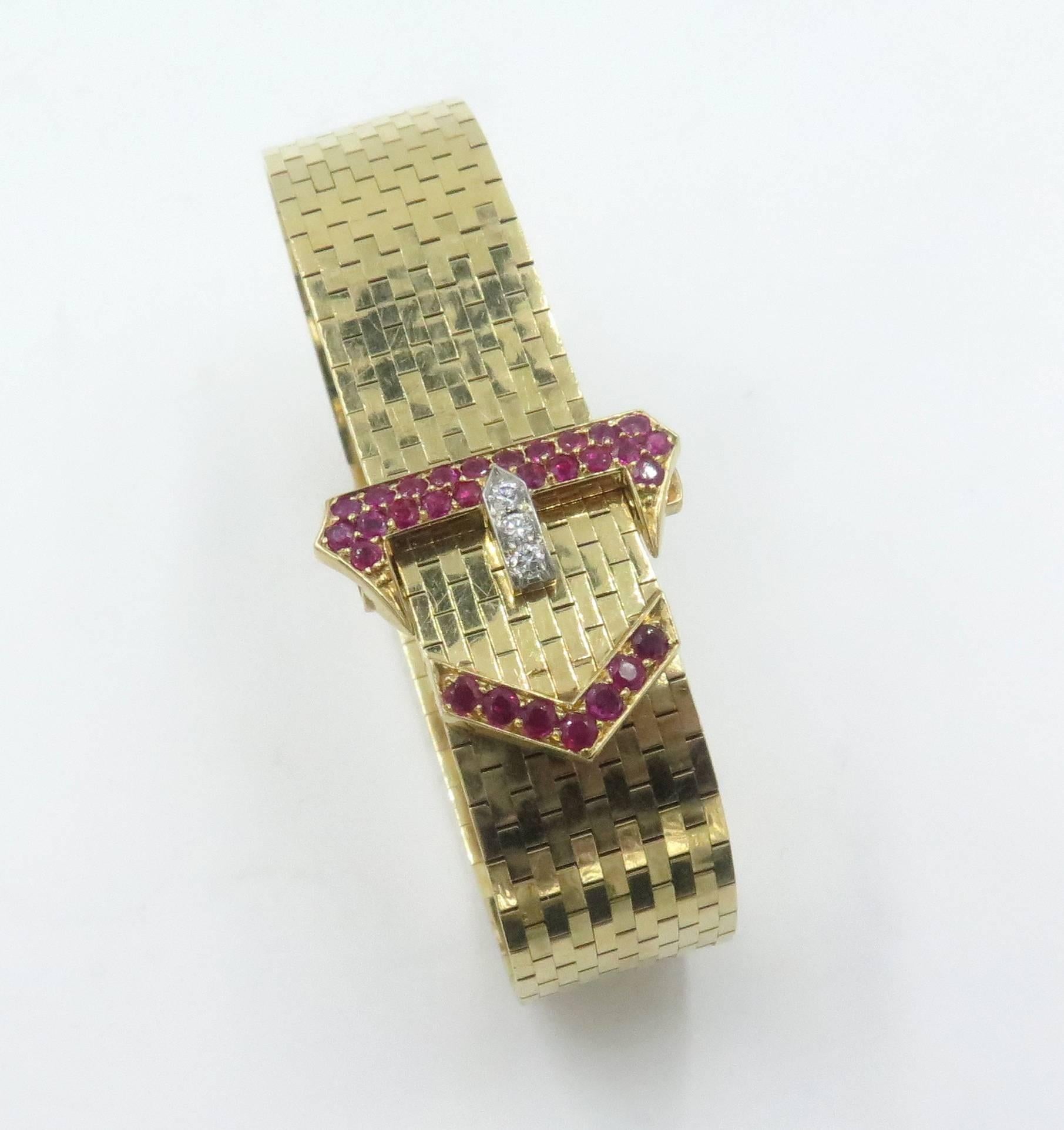 1940s Tiffany & Co. Ruby Diamond Gold Buckle Bracelet 1