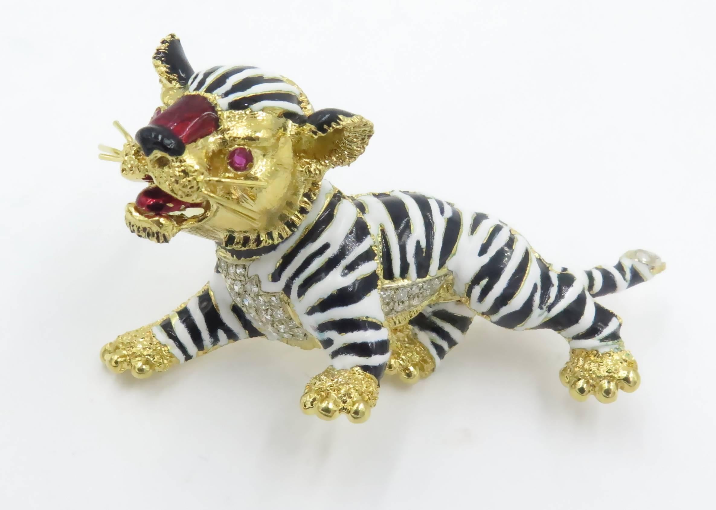 Women's or Men's A Whimsical Enamel Diamond Gold Tiger Brooch