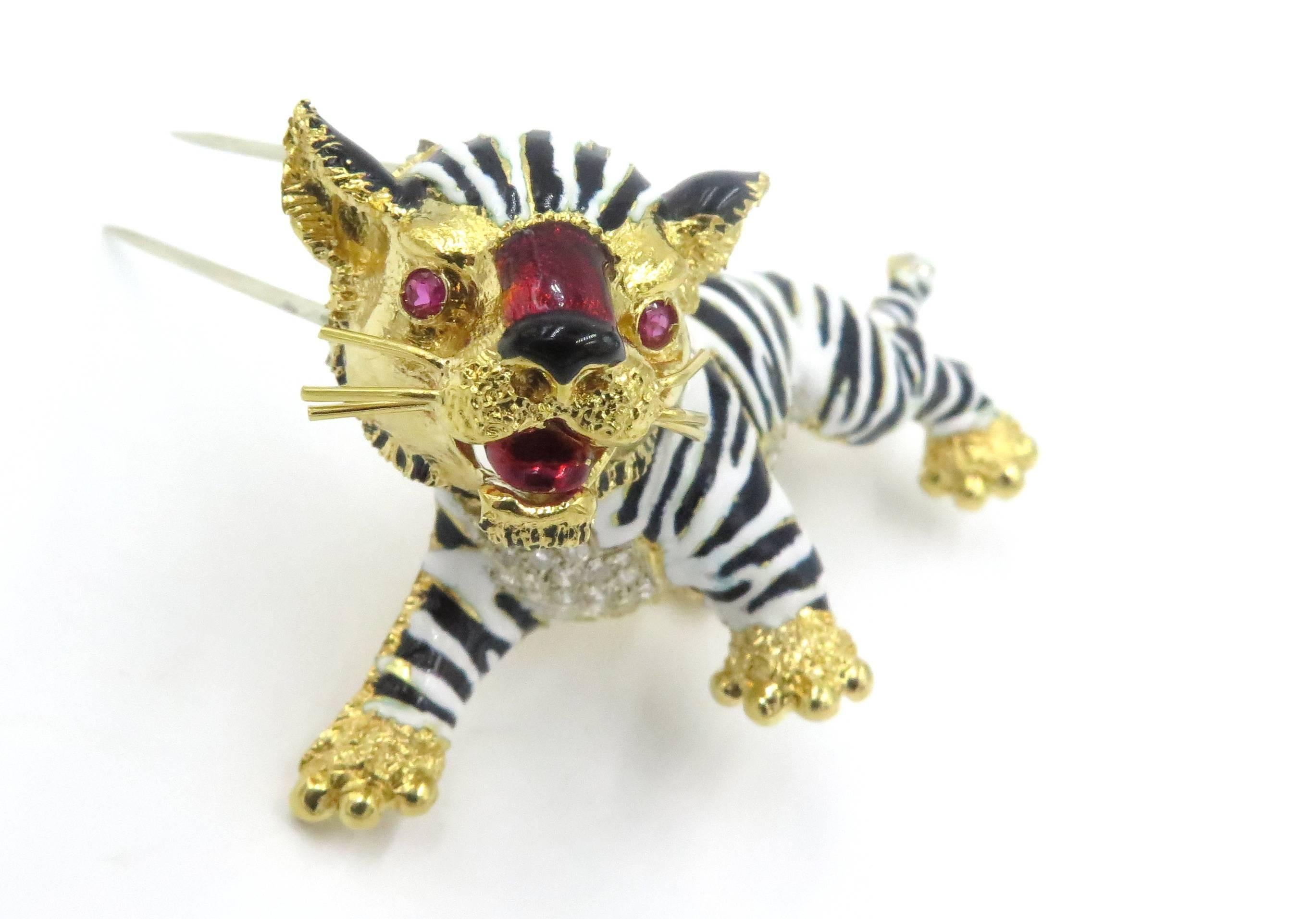 A Whimsical Enamel Diamond Gold Tiger Brooch 1