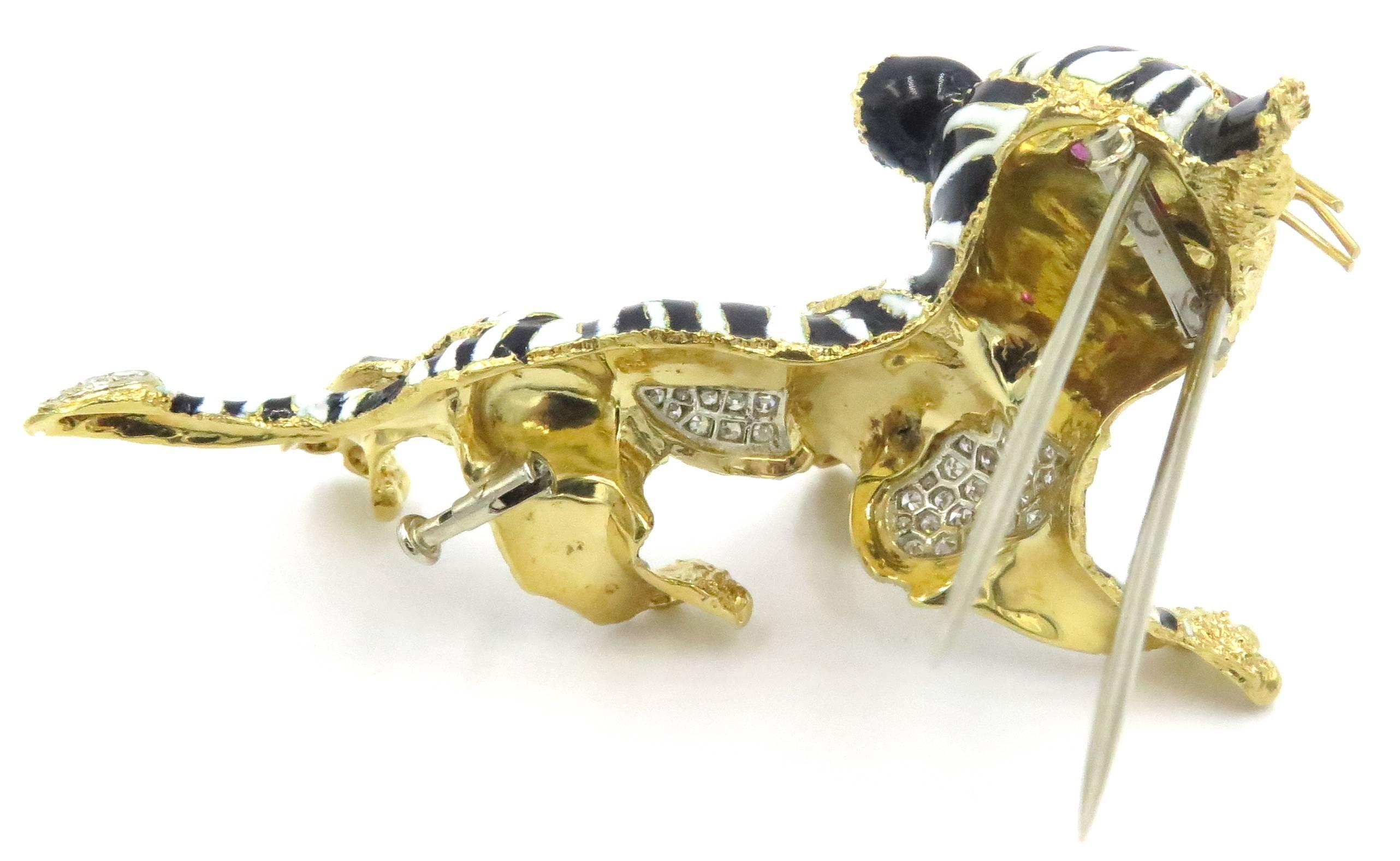 A Whimsical Enamel Diamond Gold Tiger Brooch 3