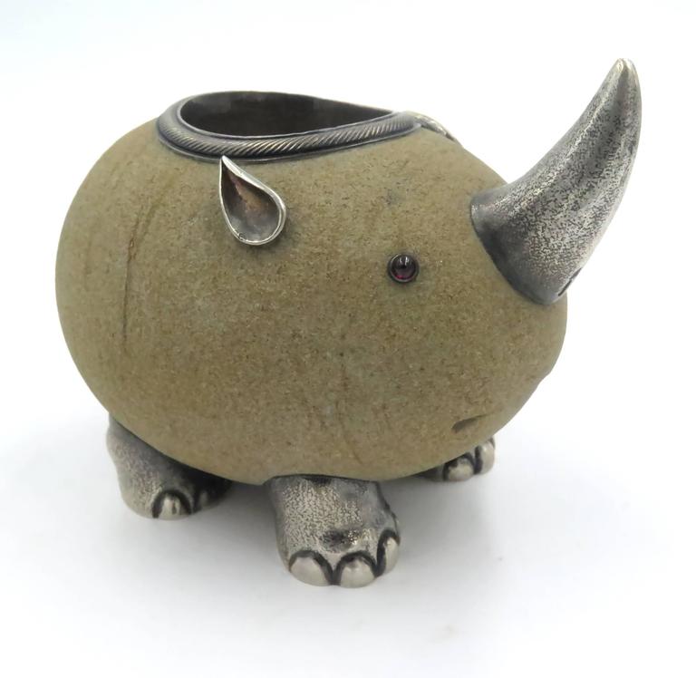 Faberge Rhinoceros Sandstone and Silver Match Holder In Excellent Condition In New York, NY