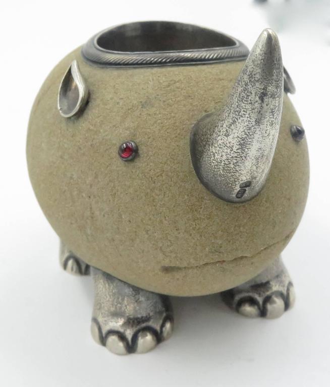 Faberge Rhinoceros Sandstone and Silver Match Holder 1