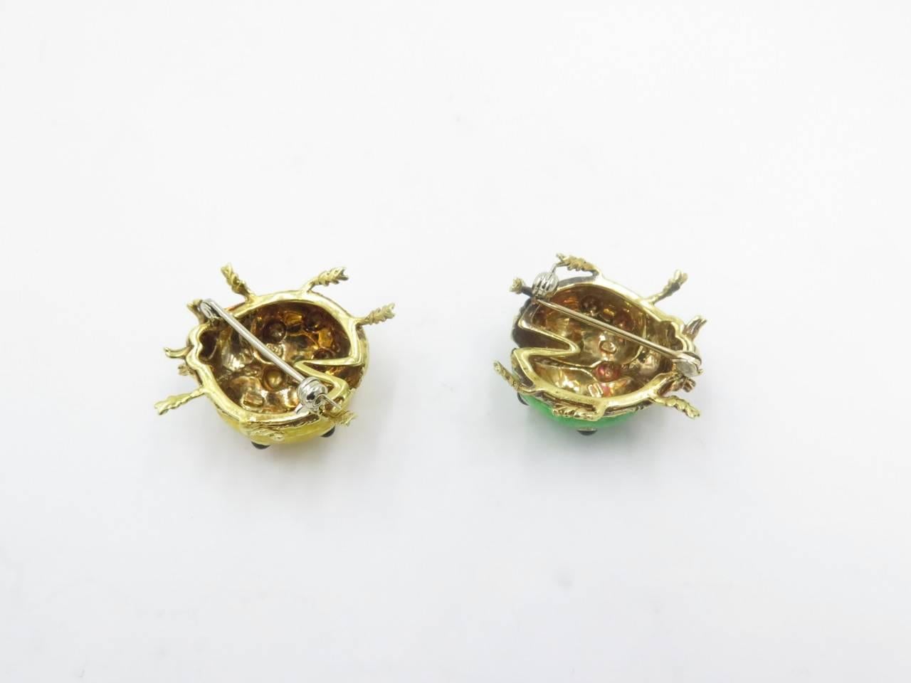 Women's or Men's A Pair of Enamel and Gold Lady Bug Brooches.
