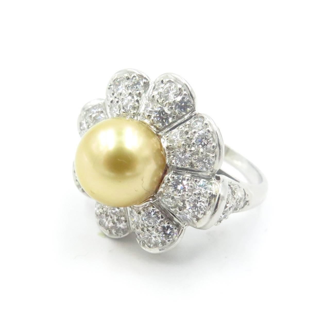 Golden Pearl  Diamond Platinum Ring In Excellent Condition In New York, NY