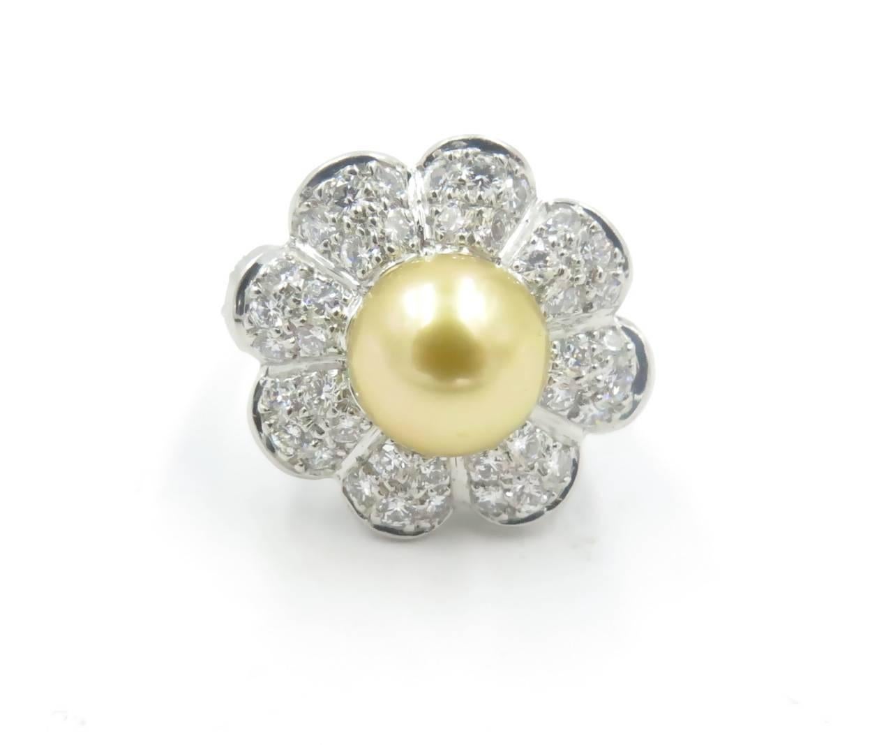 Women's or Men's Golden Pearl  Diamond Platinum Ring