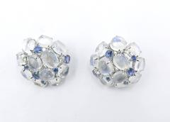 A Pair of Moonstone, Sapphire and Diamond Earrings.