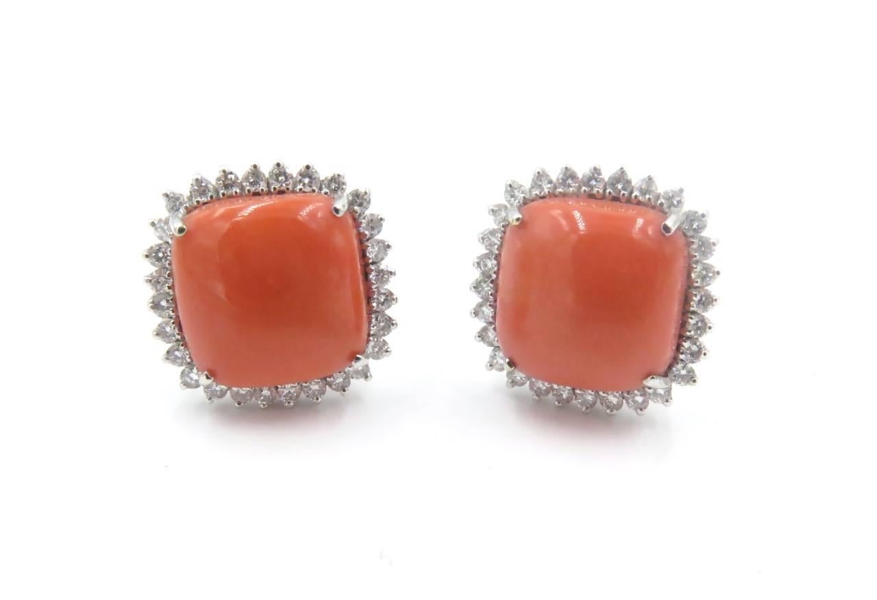 Women's or Men's A Beautiful Pair of Coral and Diamond Earrings.