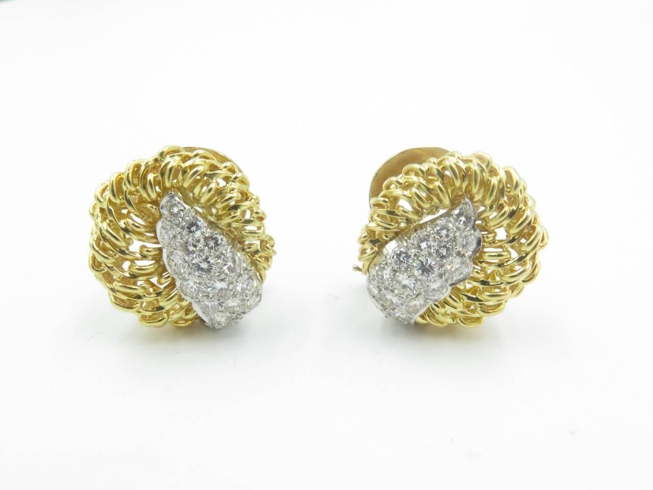 Diamond Gold Platinum Earrings. In Excellent Condition In New York, NY