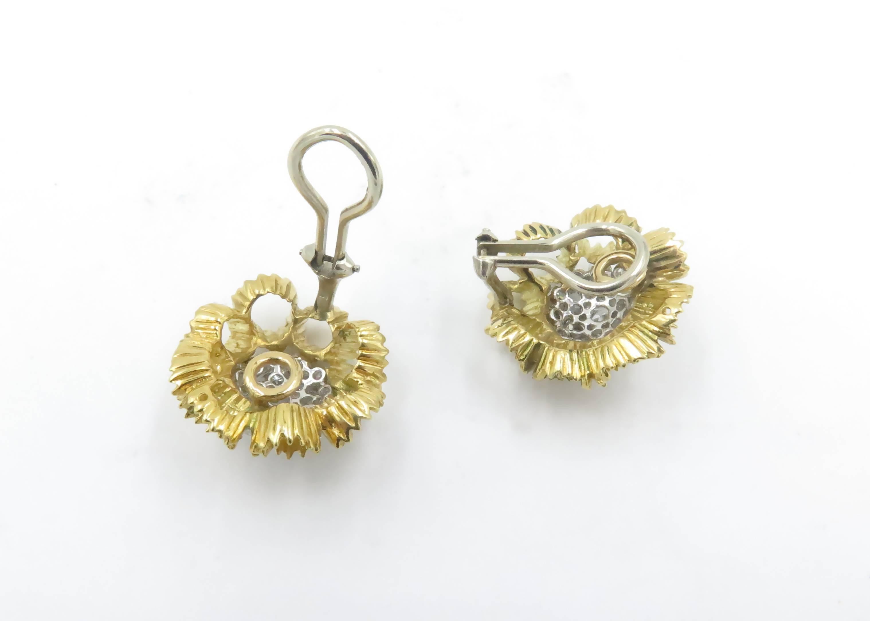 Women's or Men's 1960s Diamond Gold Flower Earrings