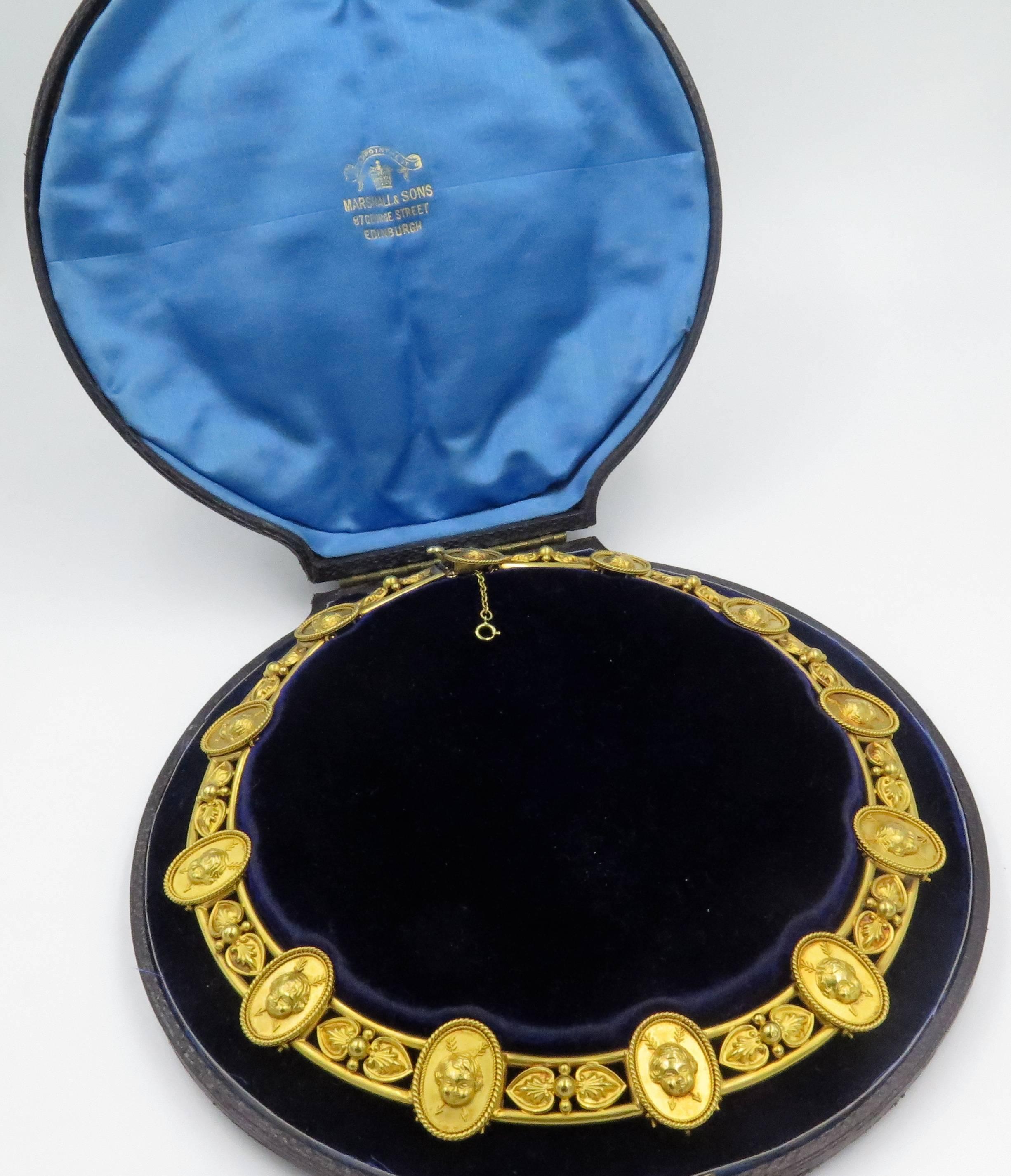Rare Antique English Victorian Cupids Love Trophies  Gold Necklace In Good Condition In New York, NY