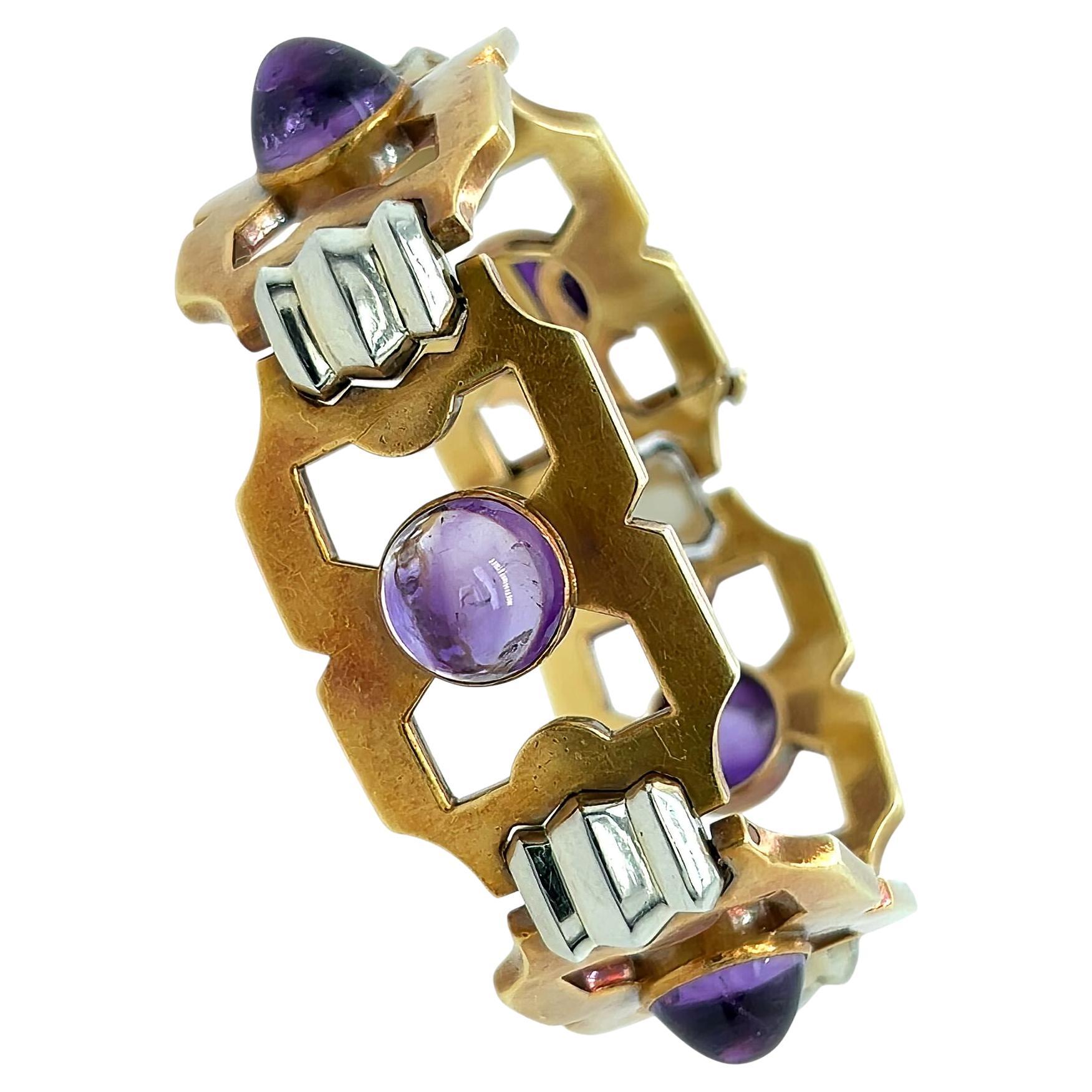 Bracciale A Link in oro bicolore con ametista francese degli anni '40 in vendita