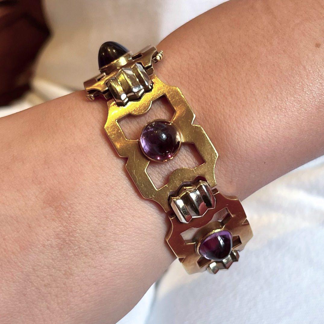 Donna Bracciale A Link in oro bicolore con ametista francese degli anni '40 in vendita