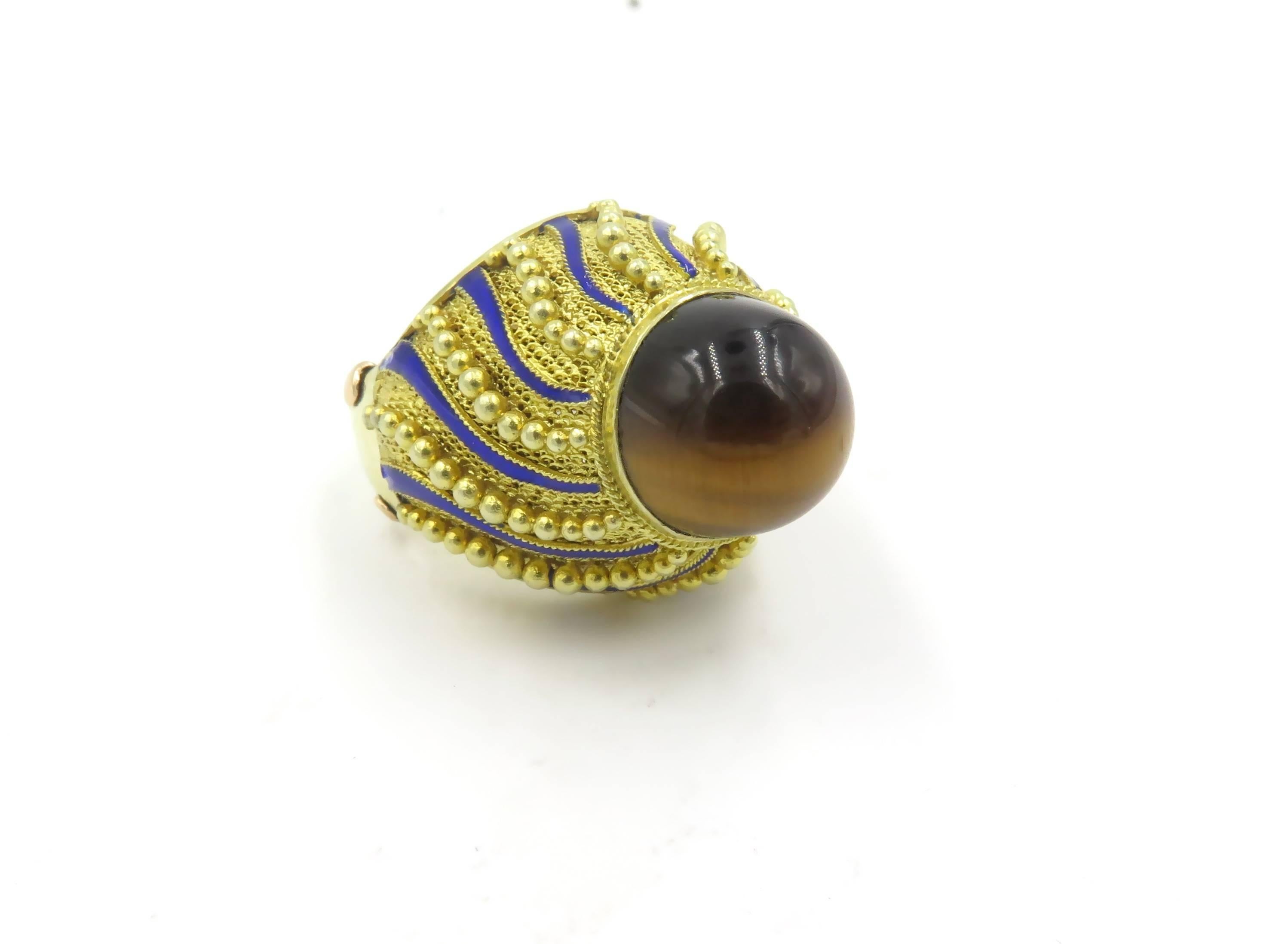 Tiger's Eye Blue Enamel Gold Ring In Excellent Condition In New York, NY