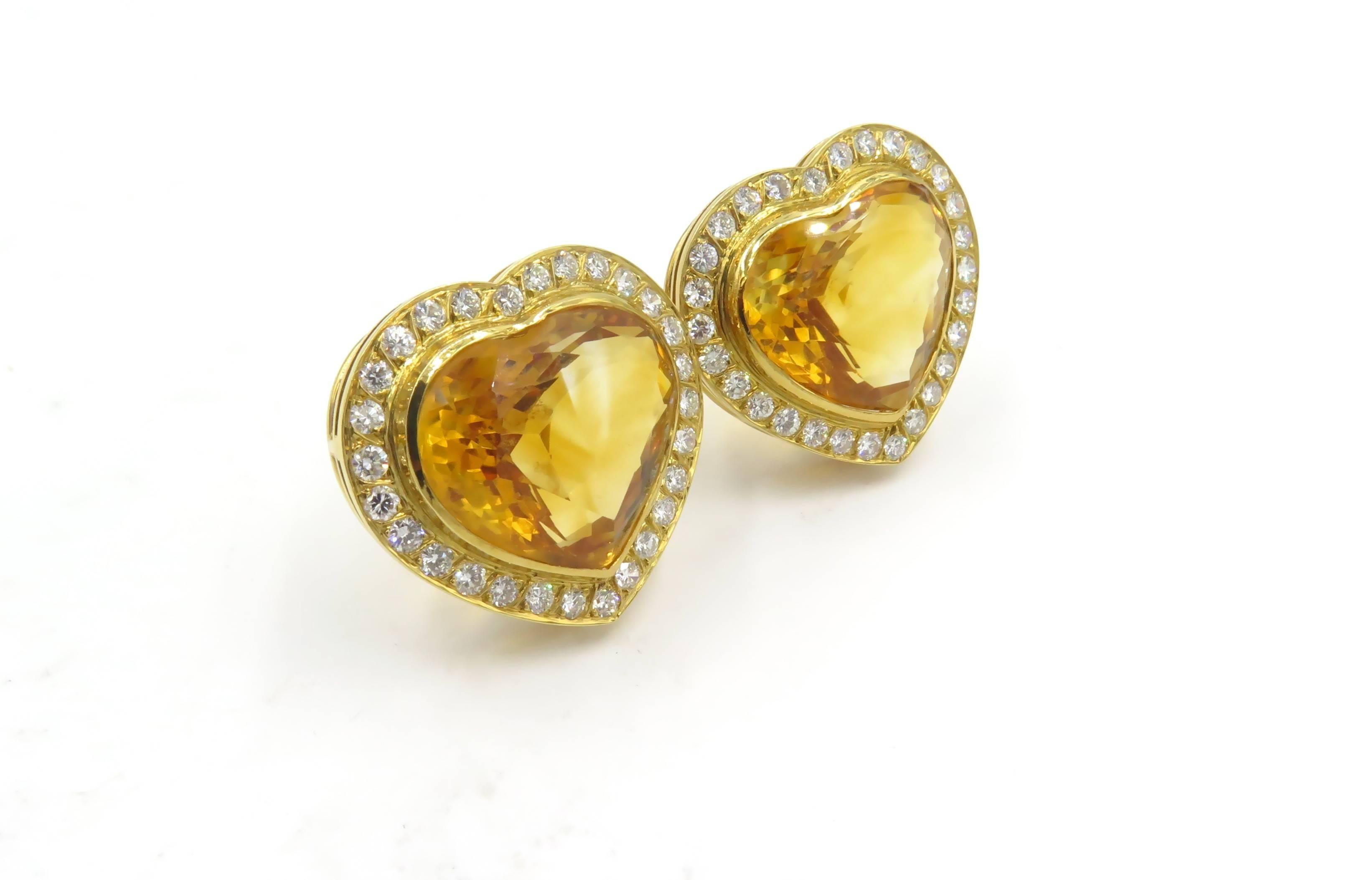 Pair of Citrine and Diamond Heart Shaped Earrings In Excellent Condition In New York, NY
