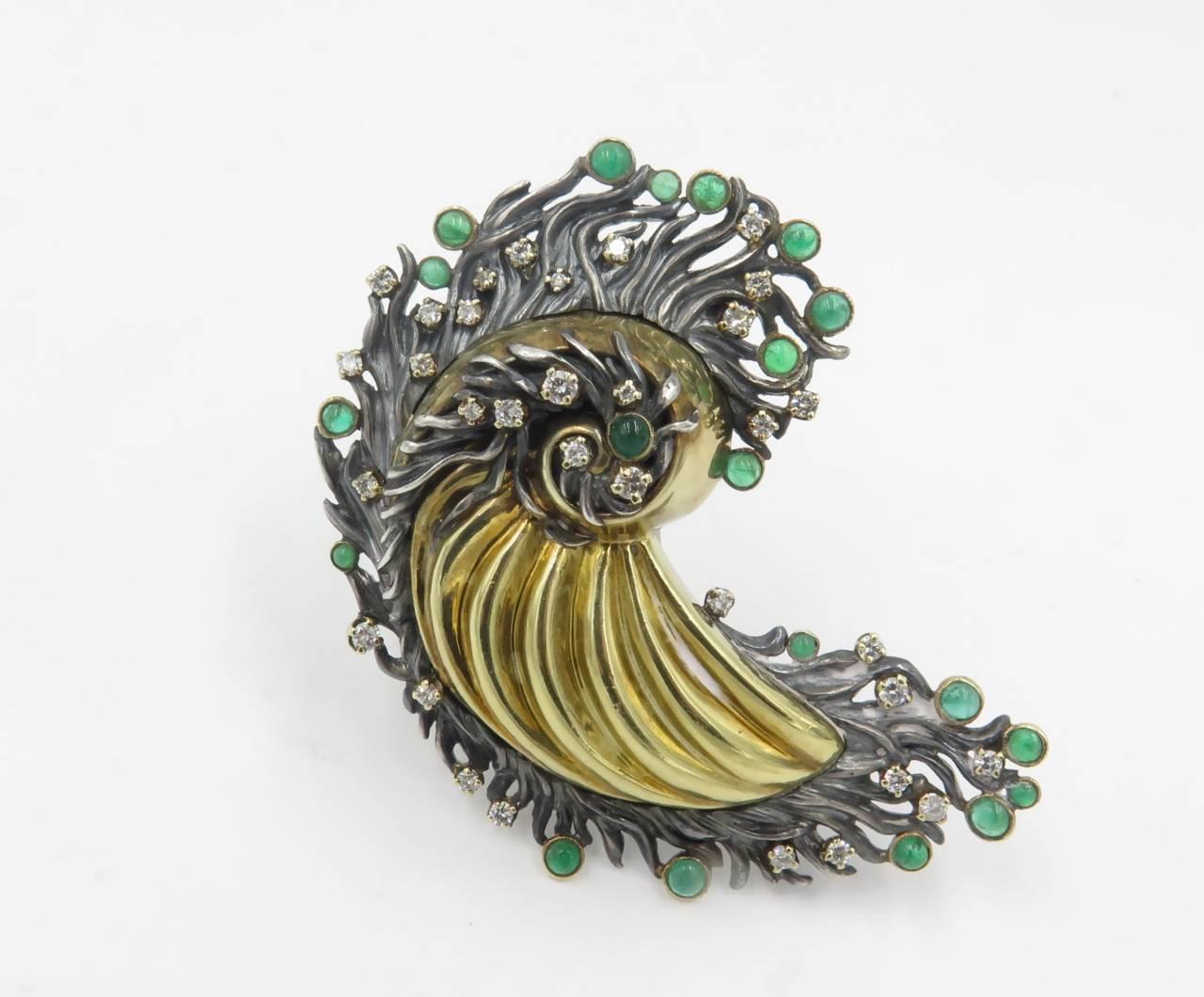 Emerald Diamond Silver Yellow Gold Brooch In Excellent Condition In New York, NY