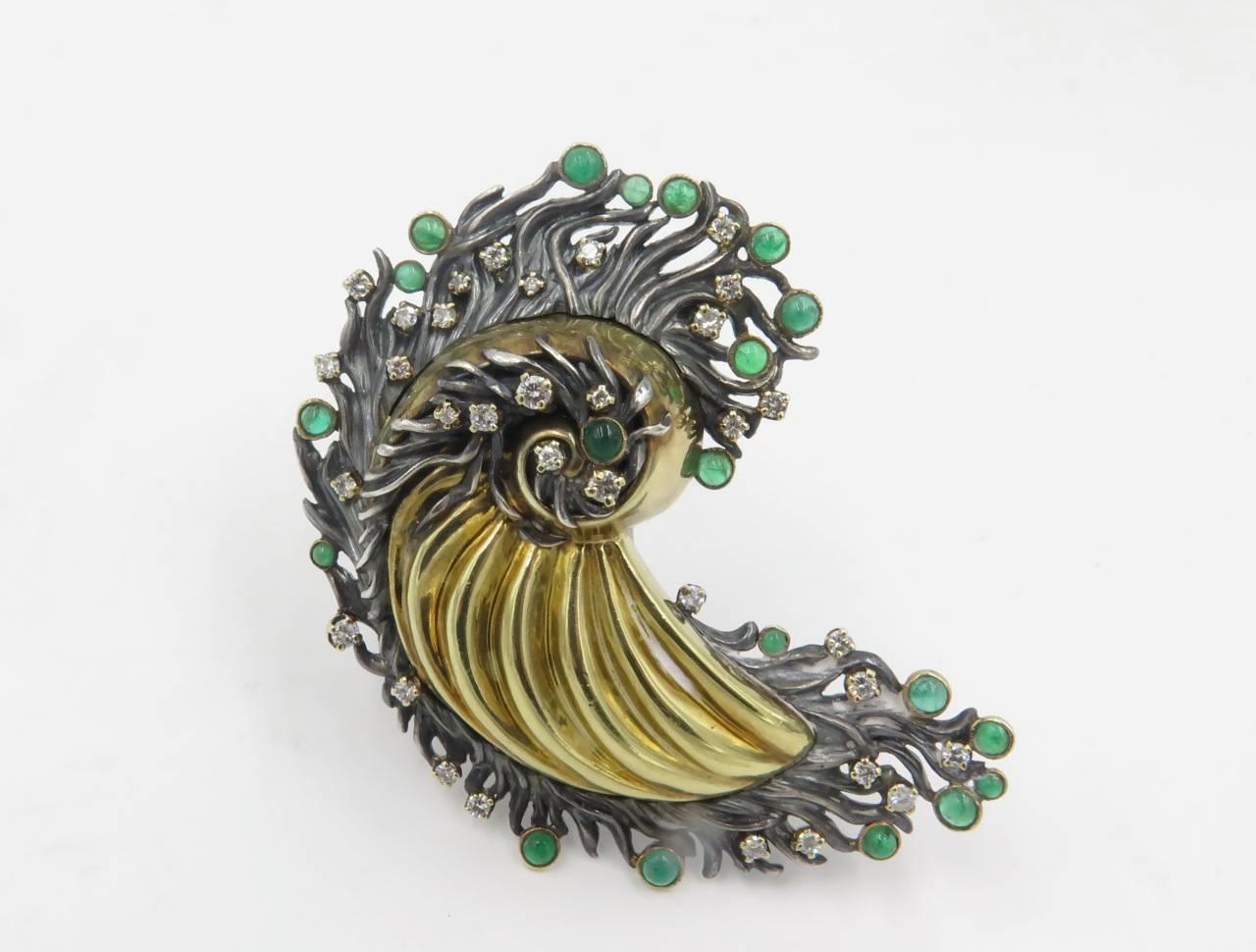 Women's or Men's Emerald Diamond Silver Yellow Gold Brooch