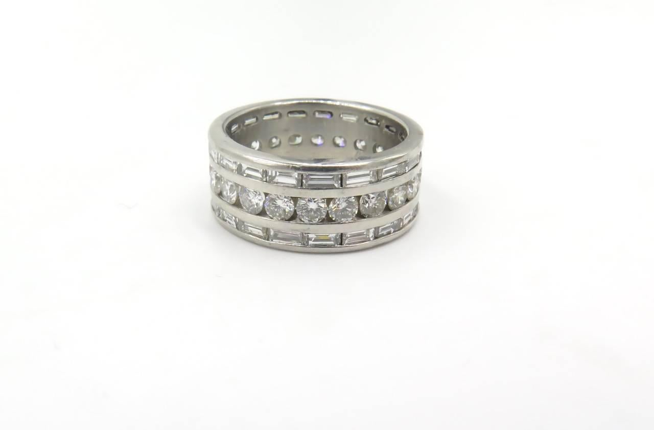Diamond Platinum Triple Row Band Ring In Excellent Condition In New York, NY