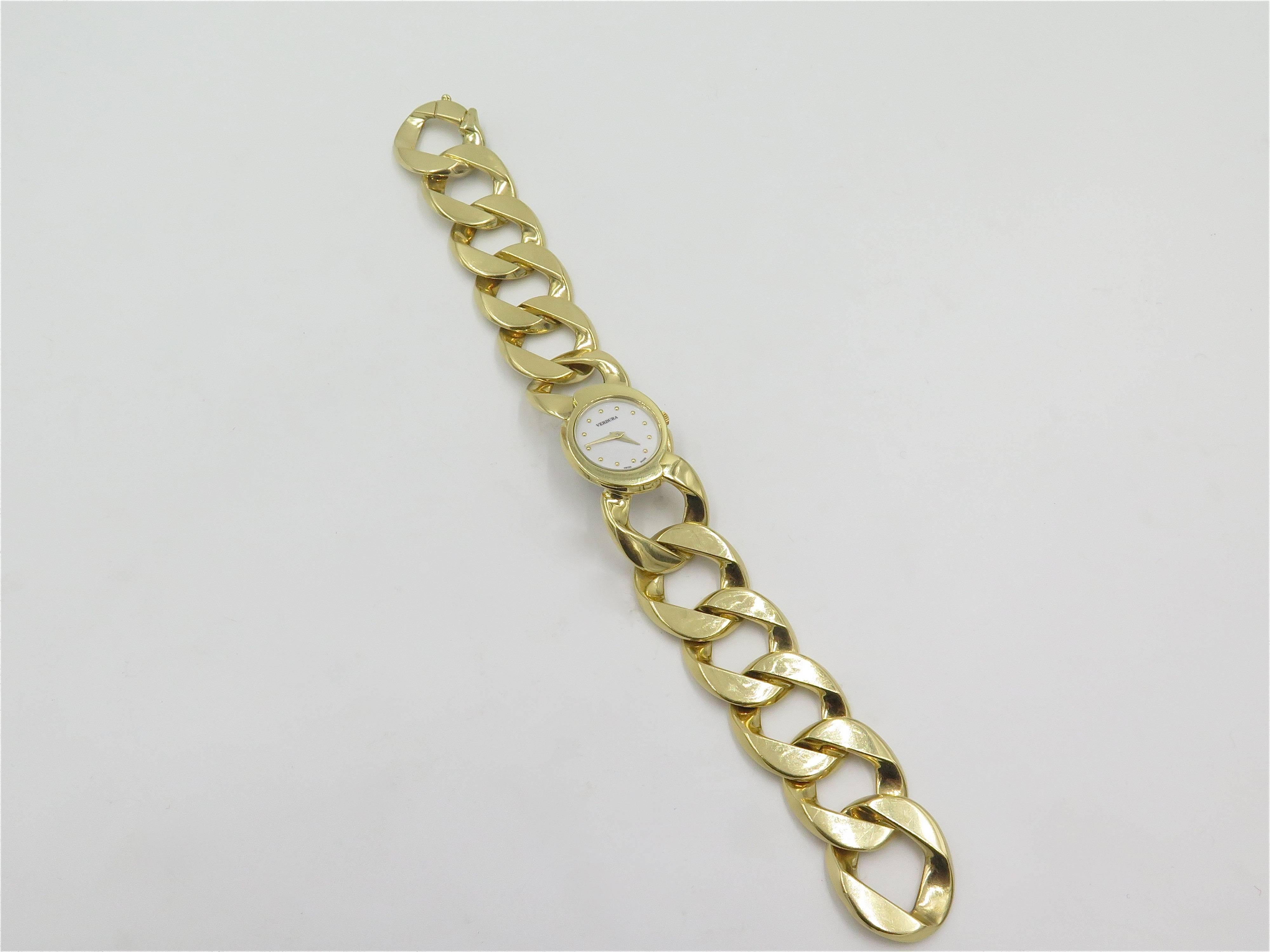 An 18 karat yellow gold Curb link watch, Verdura. Of quartz movement, the circular white dial with dot chapters, joined by a curb link bracelet. Length is approximately 7 1/2 inches.  Gross weight is approximately 96.4 grams.  Signed Verdura, 750,