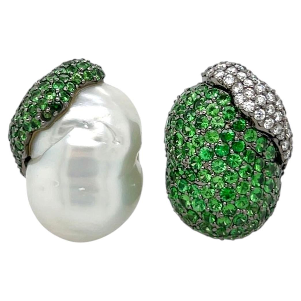 White Gold South Sea Pearl Tsavorite Garnet Diamond Earrings For Sale