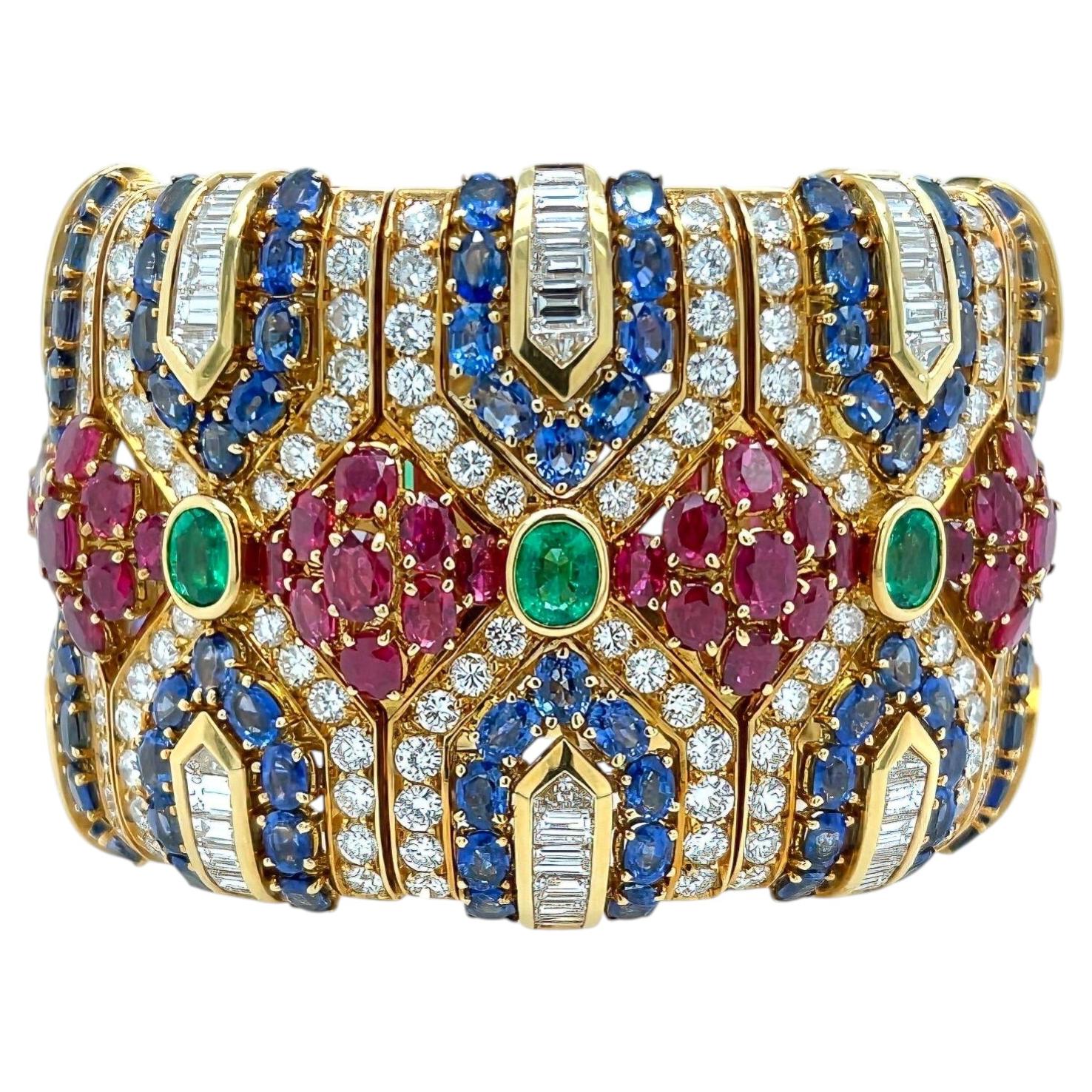 Gold Ruby Sapphire Emerald Diamond Flexible Cuff Bracelet