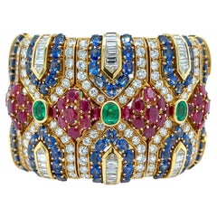 Gold Ruby Sapphire Emerald Diamond Flexible Cuff Bracelet
