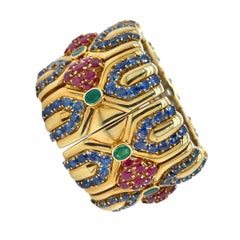 Gold Ruby Sapphire Emerald Diamond Flexible Cuff Bracelet