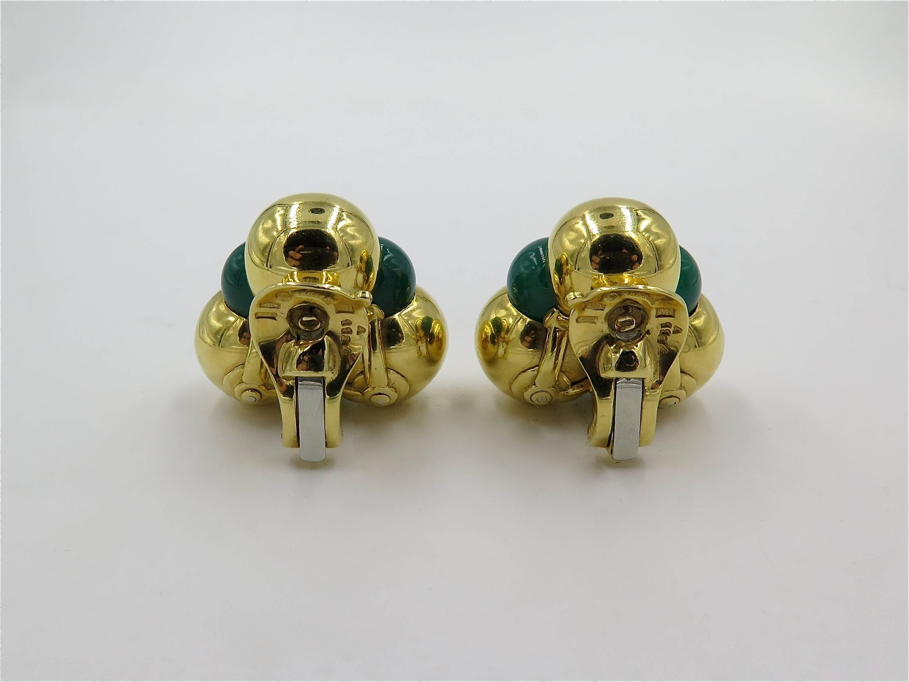 A pair of 18 karat yellow gold and chrysoprase earrings. Marina B. From the Sfera collection. Of triangular outline, set with three polished yellow gold beads, spaced by chrysoprase beads. Length is approximately 1 inch. Numbered 1134. Gross weight