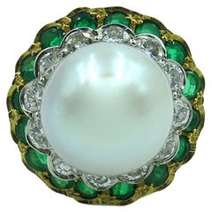 Yellow Gold, South Sea Pearl, Diamond and Emerald Ring