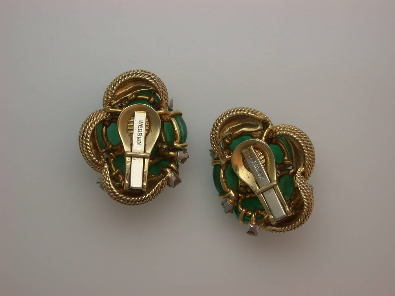 Post-War David Webb Emerald Diamond Gold Earclips For Sale