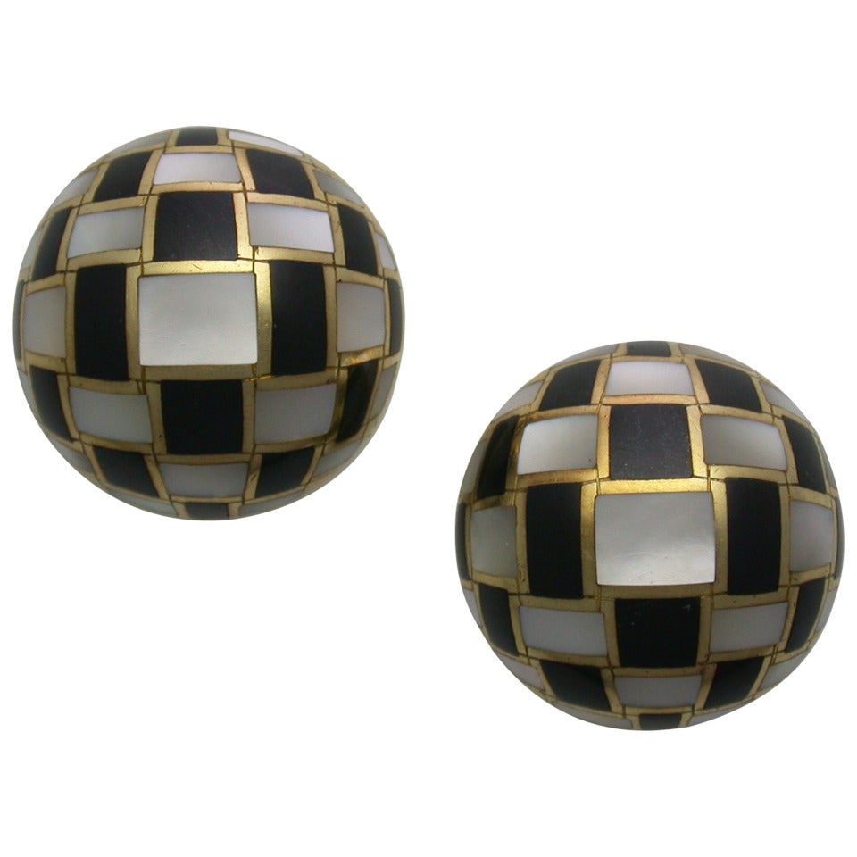Tiffany & Co. Angela Cummings Black Jade Mother-of-Pearl Checkerboard Earclips For Sale