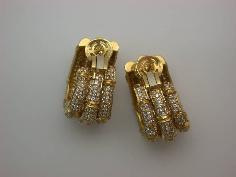 Cartier Paris Diamond Gold Bamboo Triple Hoops In Excellent Condition For Sale In New York, NY