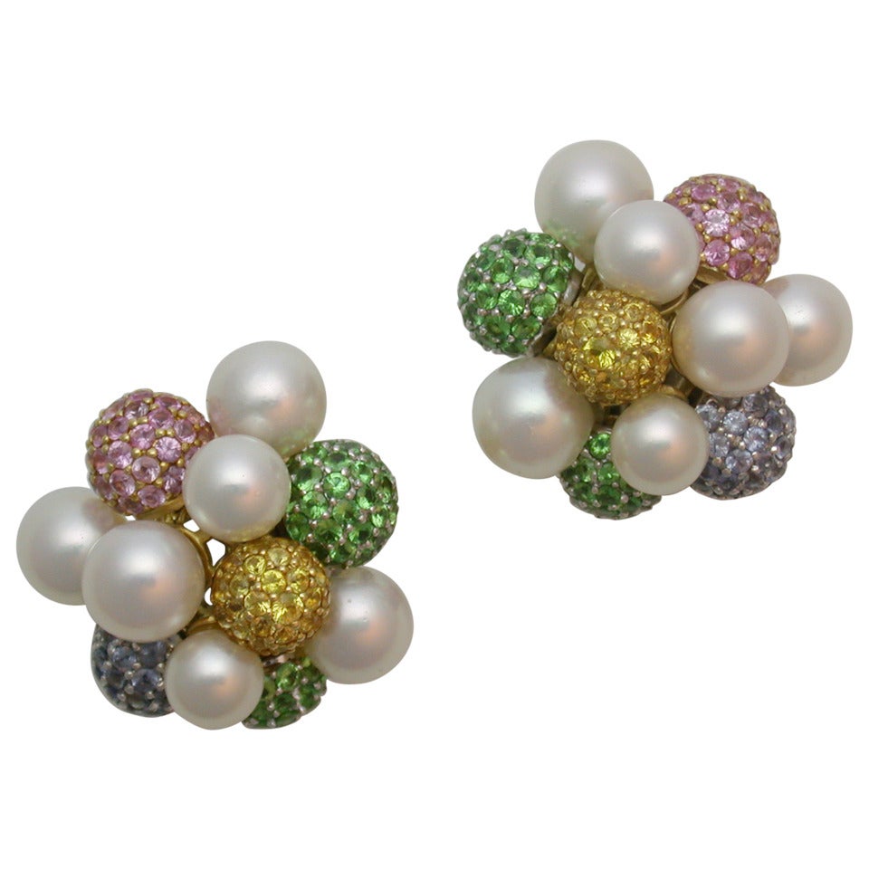 Seaman Schepps Cultured Pearl Colored Stone Bubble Earclips For Sale