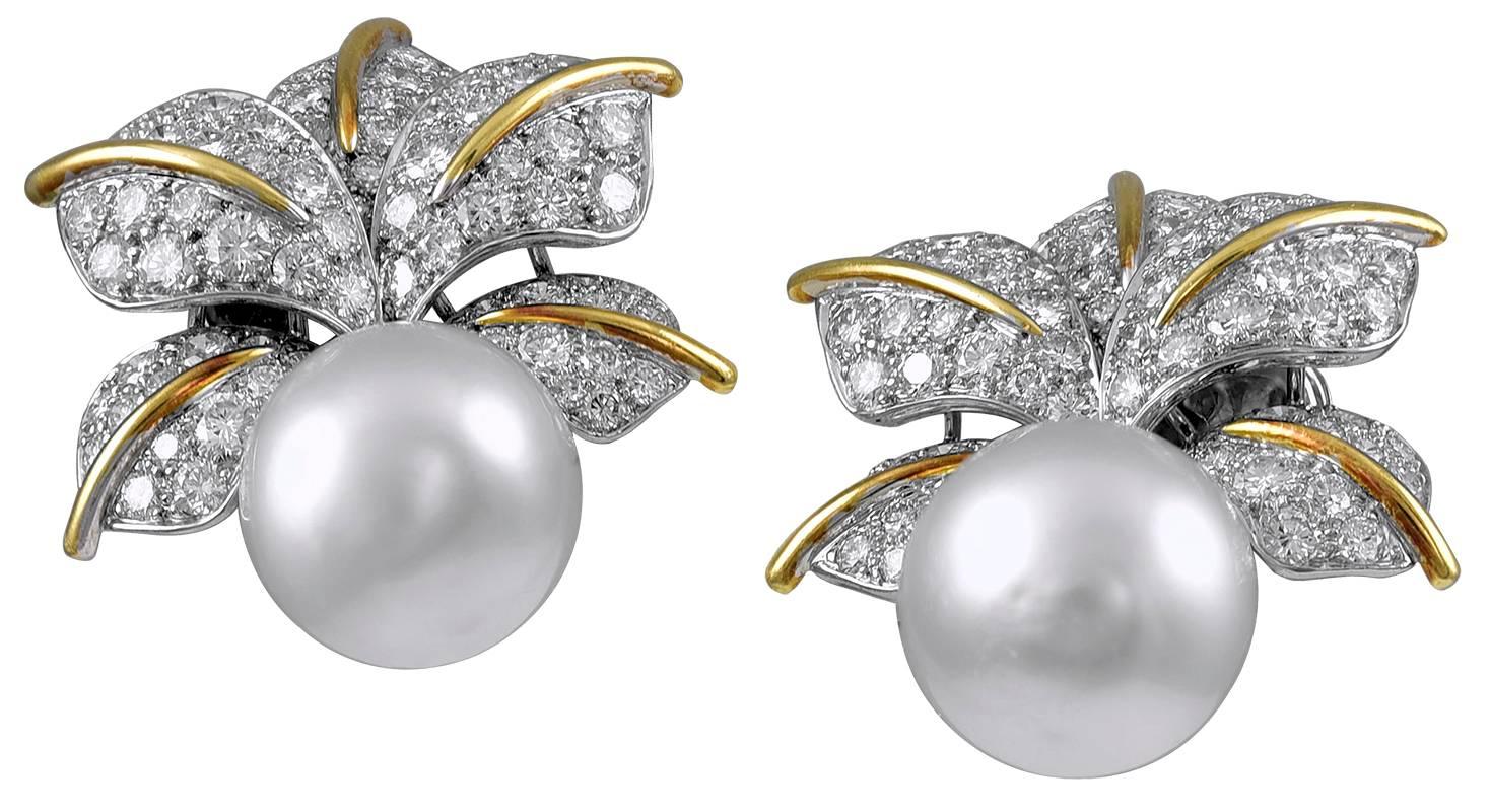 South Sea Pearl Diamond Earclips In Excellent Condition In New York, NY