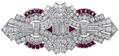 Art Deco Ruby Diamond Platinum Dress Clips