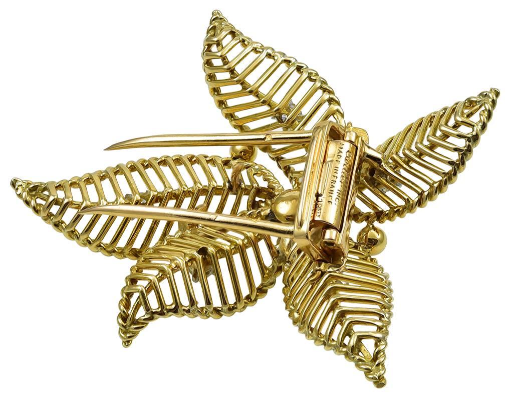 Cartier Paris Diamond Gold Flower Brooch In Excellent Condition For Sale In New York, NY