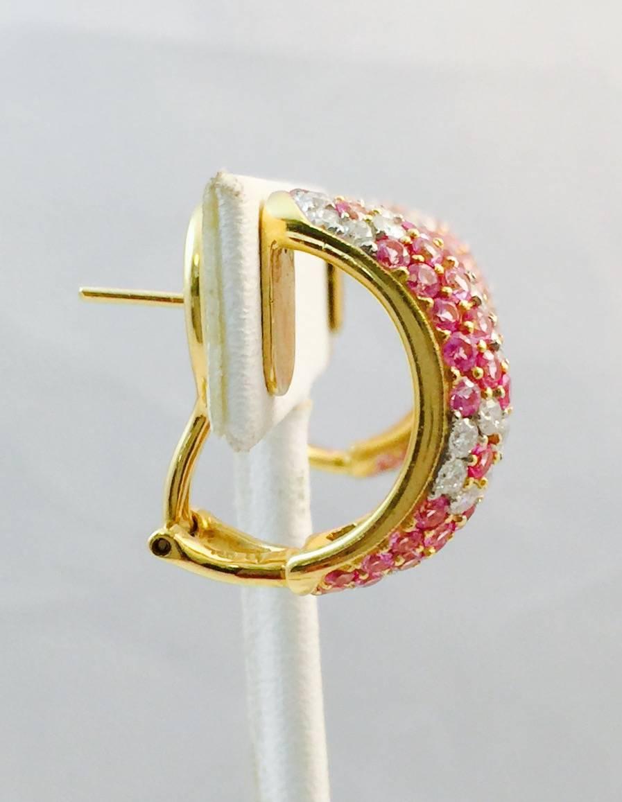 Contemporary Pink Sapphire Diamond Gold Floral Design Hoop Earrings