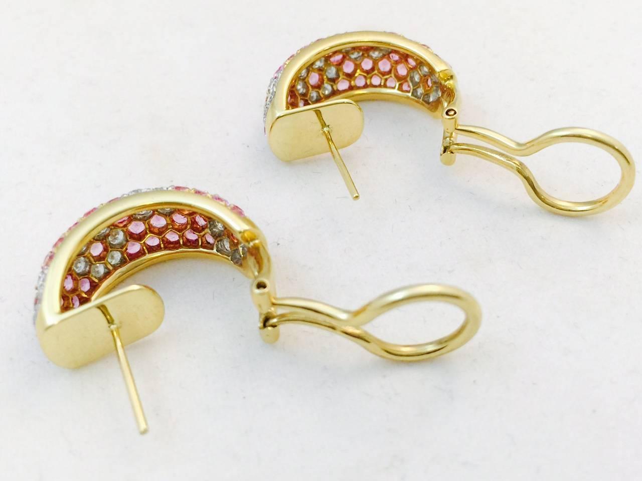 Women's Pink Sapphire Diamond Gold Floral Design Hoop Earrings