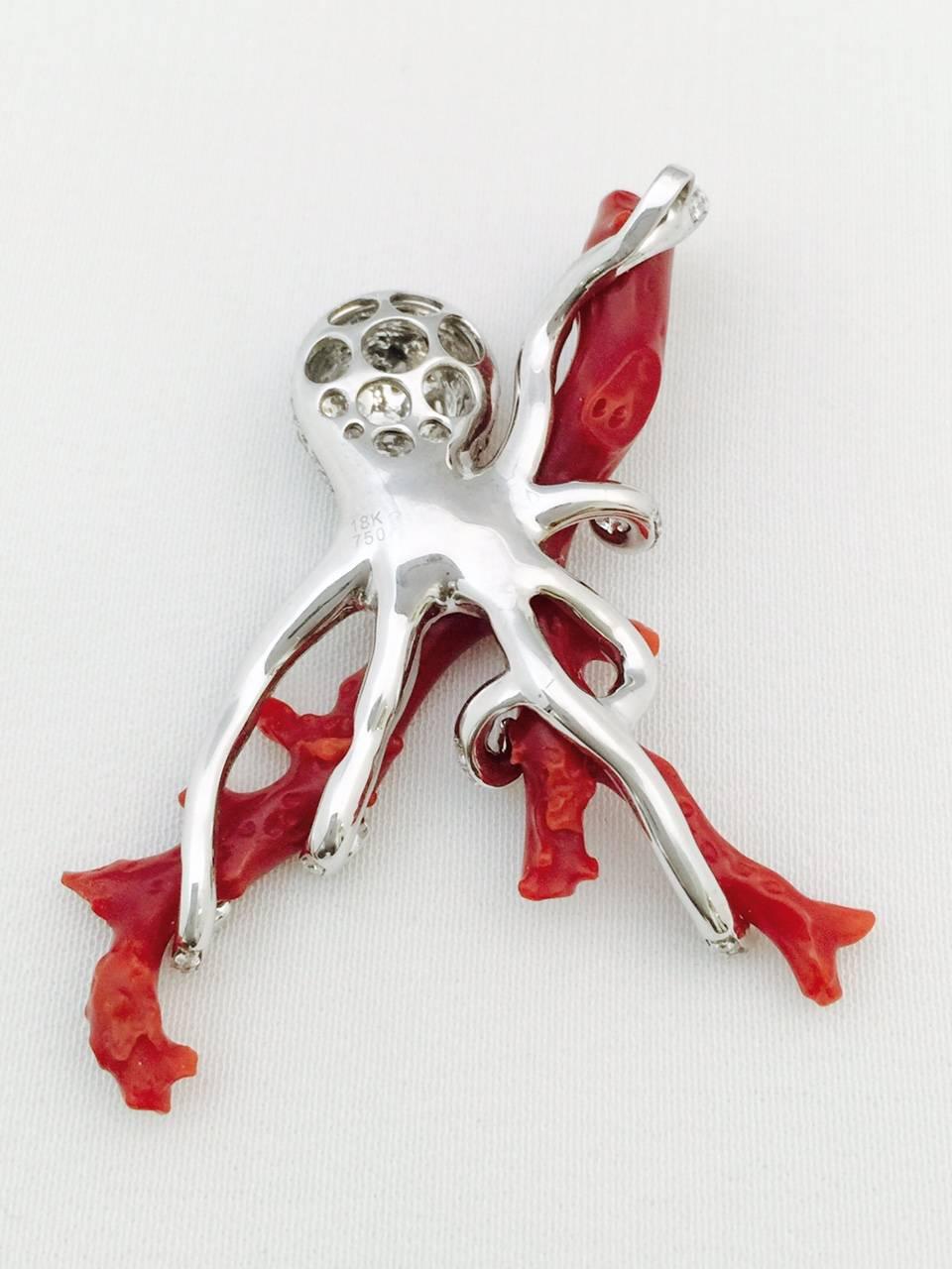 Contemporary Karina Brez Natural Oxblood Coral and Diamond Octopus Pendant For Sale