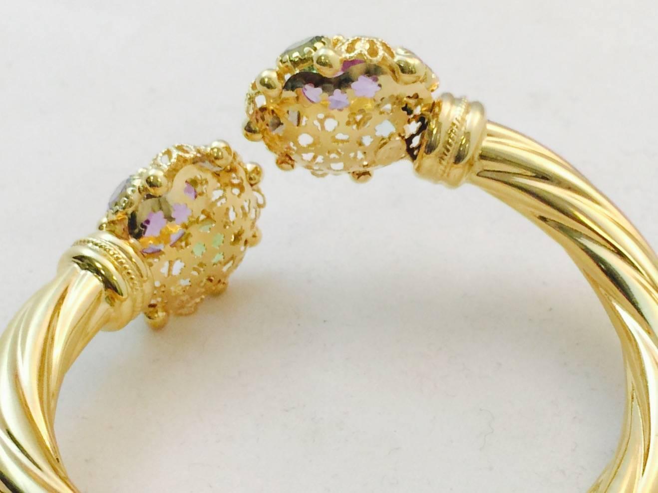 Women's Amethyst Citrine Peridot Aquamarine Gold By-Pass Design Hinged Bangle Bracelet For Sale