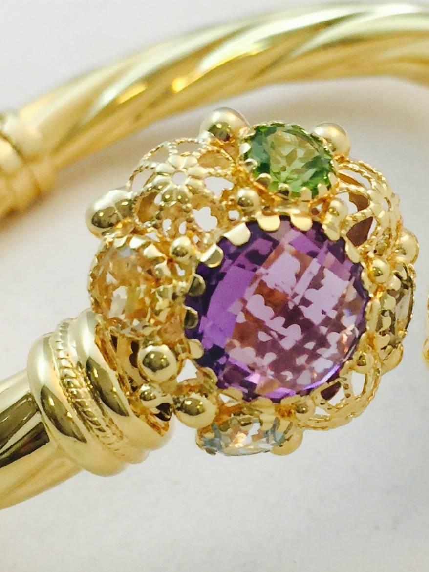 Amethyst Citrine Peridot Aquamarine Gold By-Pass Design Hinged Bangle Bracelet In New Condition For Sale In Palm Beach, FL