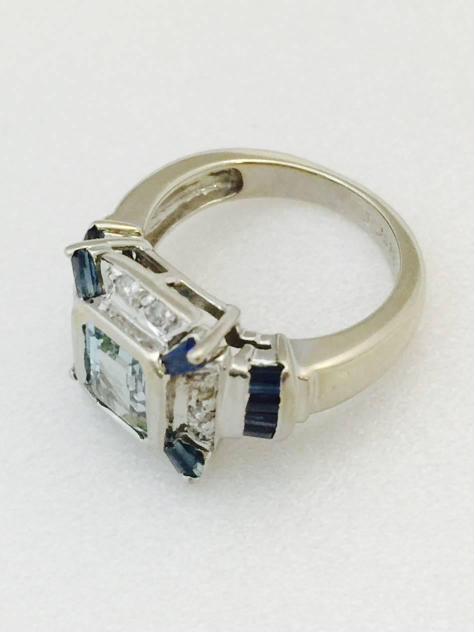 Art Deco Aquamarine Sapphire Diamond Gold Ring