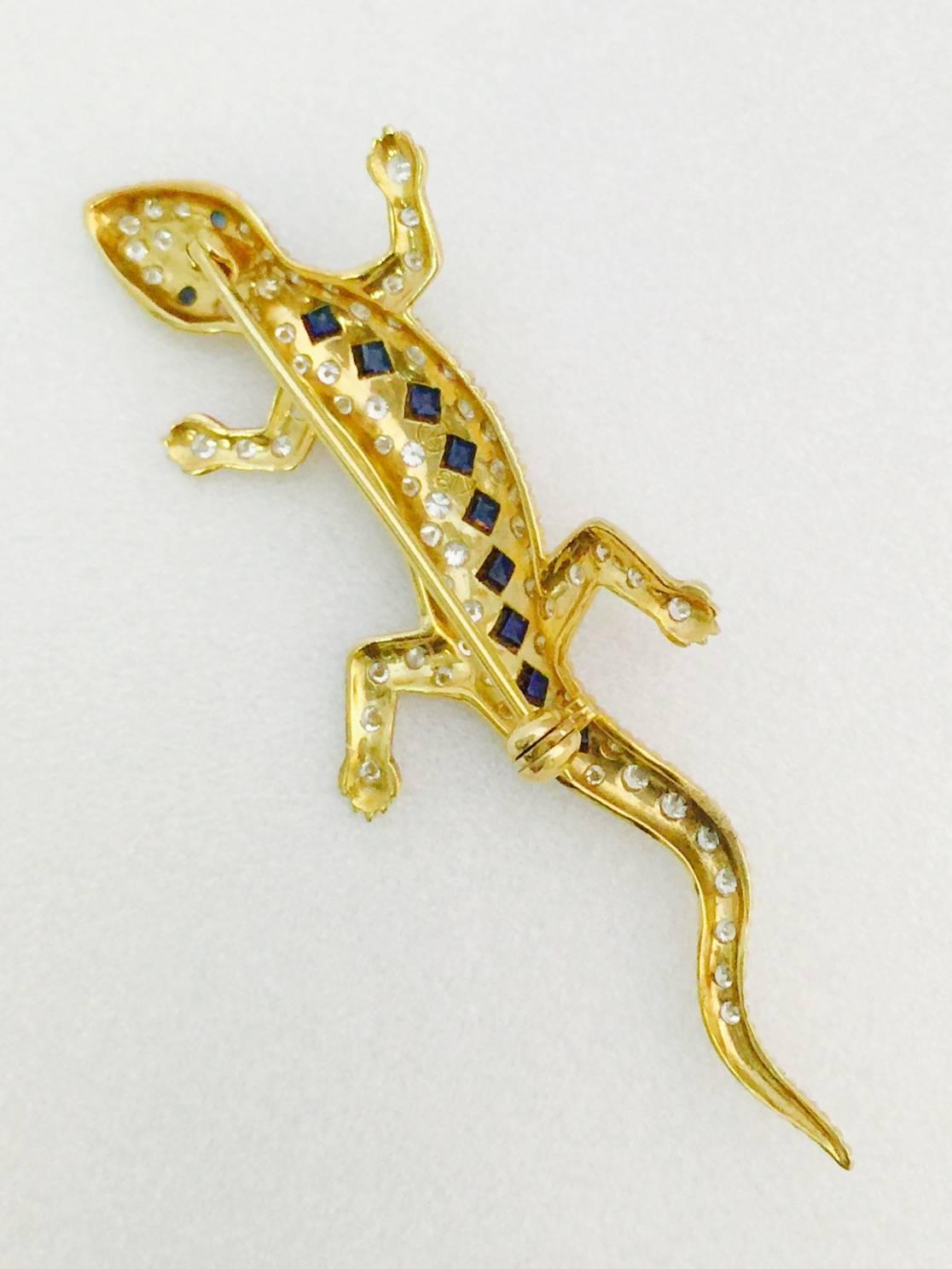 Sapphire Diamond Gold Lizard Brooch In Excellent Condition In Palm Beach, FL