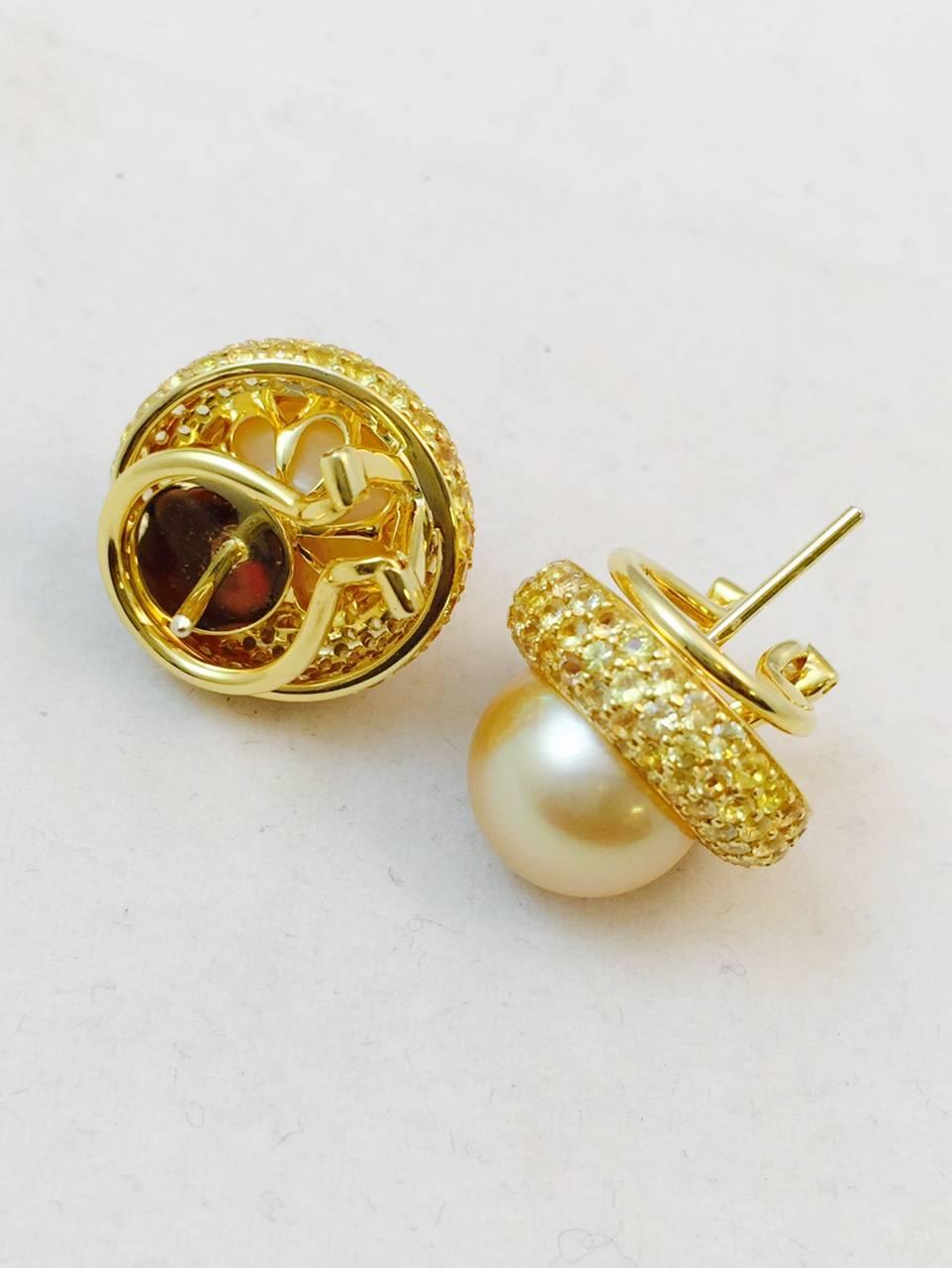 Contemporary Magnificent Yellow Sapphire Golden Pearls Button Earrings For Sale