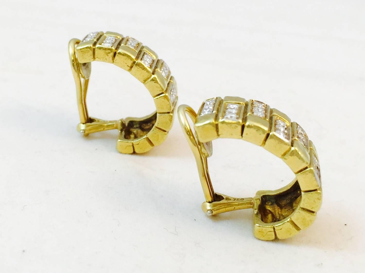 1990s Diamond Gold Half Hoop Clip On Earrings In Excellent Condition For Sale In Palm Beach, FL