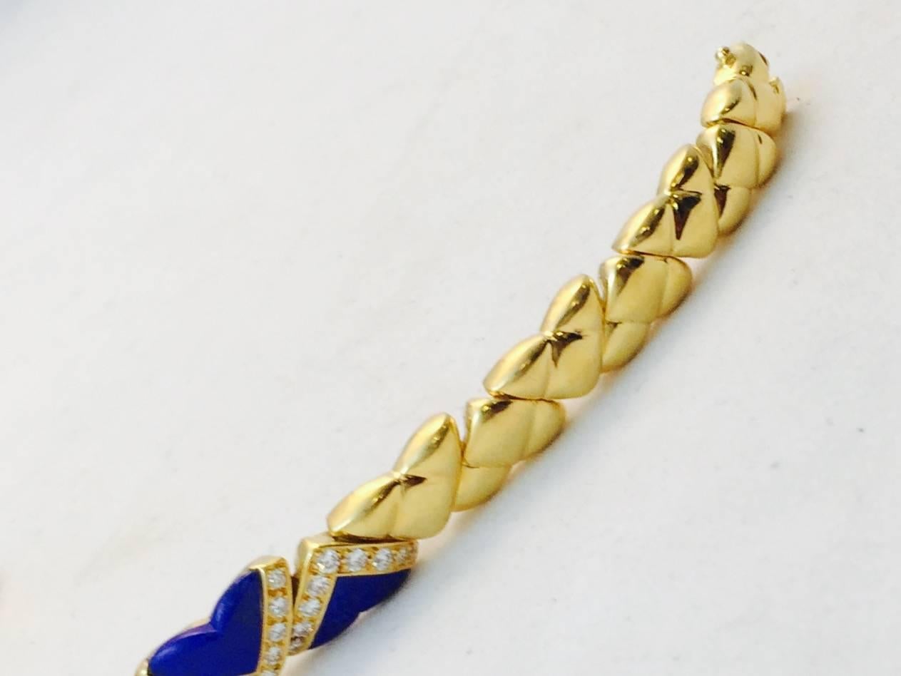 Contemporary 1980s Fred of Paris Lapis Diamonds Gold Heart Links Bracelet For Sale