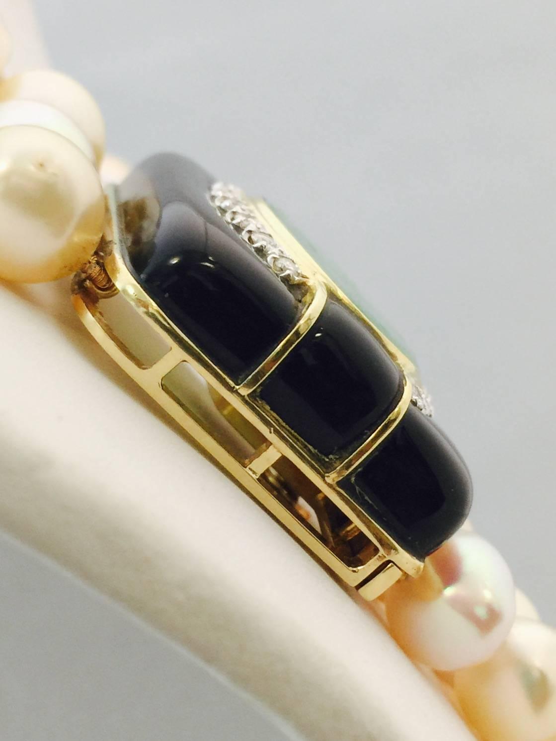 Women's  1980s Custom Triple Row Freshwater Baroque  Pearls and Onyx Jade Gold Clasp For Sale