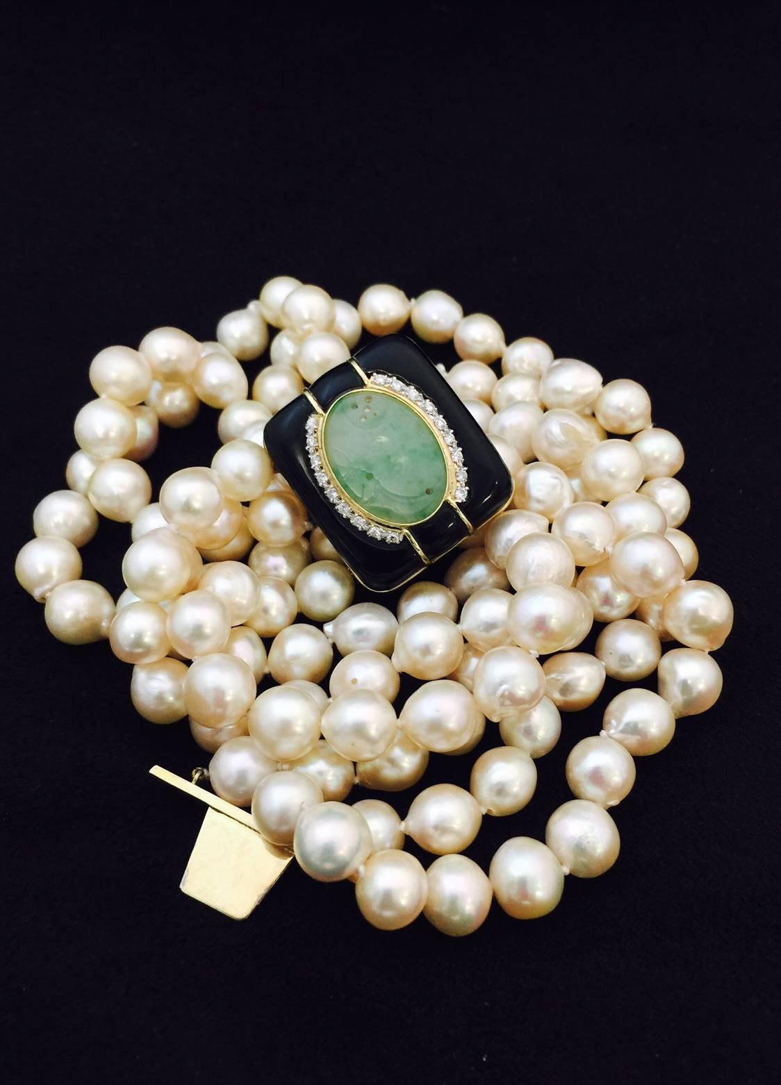 Contemporary  1980s Custom Triple Row Freshwater Baroque  Pearls and Onyx Jade Gold Clasp For Sale