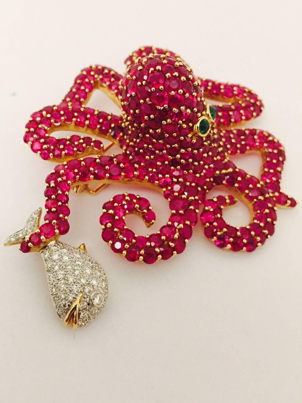 Marvin Katz has the uncanny ability to transform gems into works of art for the stars!  This outrageous octopus, carefully crafted in 18 karat yellow gold is replete with beautifully matched, faceted rubies weighing 3.57 carats total.  Eyes are